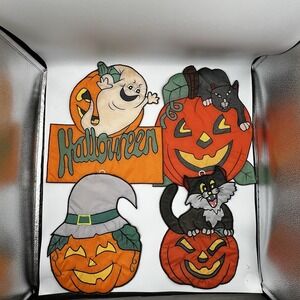 Vintage Puffy Fabric Halloween  Wall Hangs‎  Pumpkin Jack O Lantern Black Cat